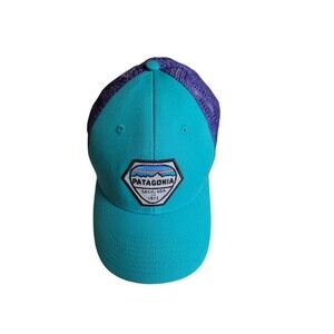 Patagonia Trucker Hat Fitz Roy Hex Nut Badge True Teal Purple Mesh Mid Crown